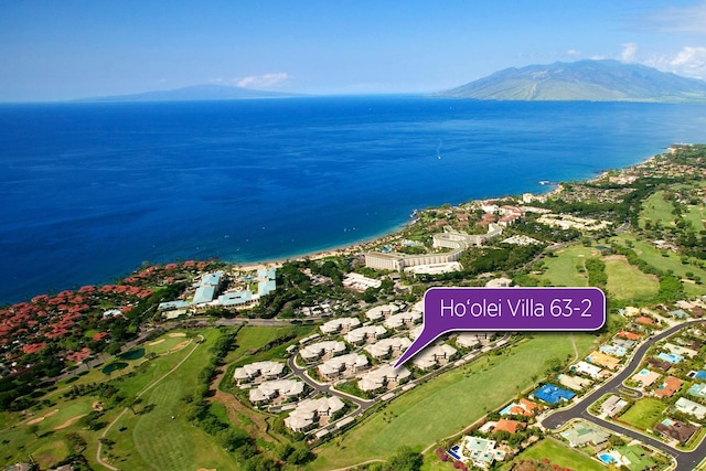 birds eye view of property with a water and mountain view