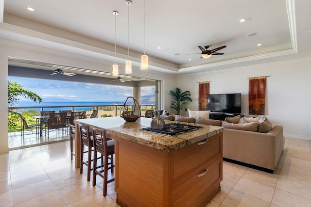 kitchen featuring hanging light fixtures, crown molding, a center island, and a raised ceiling