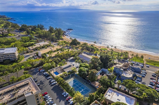 aerial view featuring a water view and a view of the beach