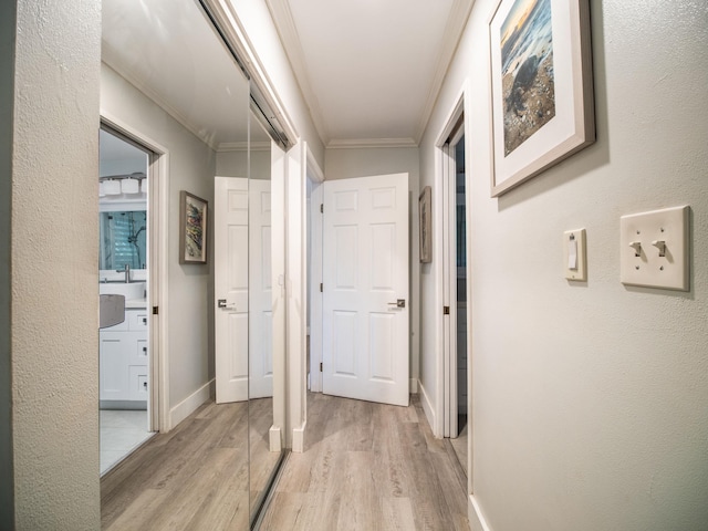 hall featuring light hardwood / wood-style floors and ornamental molding