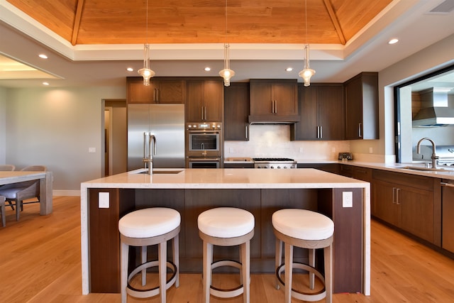 kitchen featuring hanging light fixtures, a center island with sink, appliances with stainless steel finishes, premium range hood, and sink