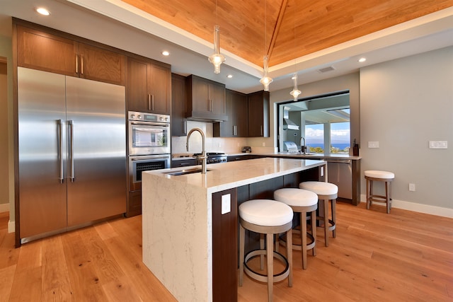 kitchen featuring light stone countertops, stainless steel appliances, vaulted ceiling, light hardwood / wood-style flooring, and a center island with sink