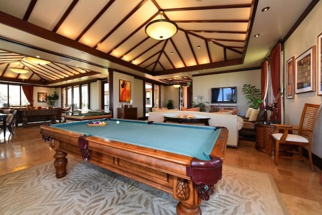 recreation room with pool table, tile patterned floors, and vaulted ceiling