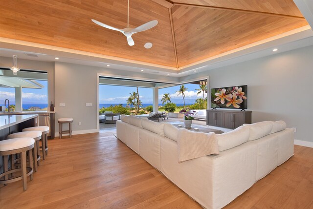 living room with a wealth of natural light, a tray ceiling, and light wood-type flooring