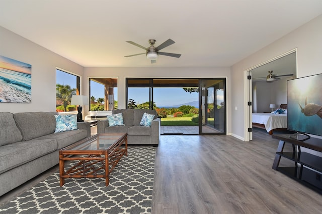 living room with dark hardwood / wood-style floors and ceiling fan