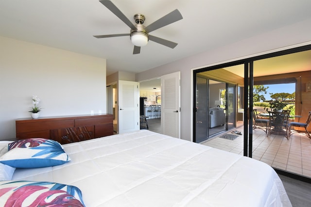 bedroom with ceiling fan and access to exterior