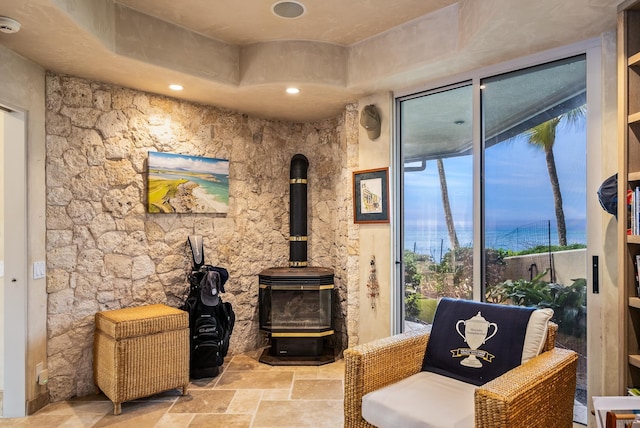 living area featuring a wood stove and a wealth of natural light