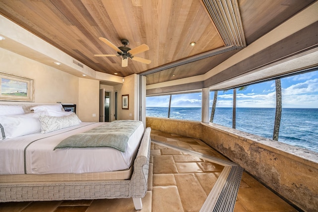 bedroom with ceiling fan, a water view, and wooden ceiling