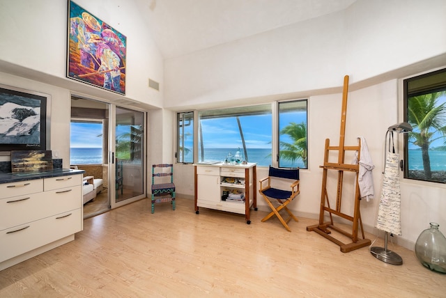 miscellaneous room featuring light wood-type flooring, a water view, and high vaulted ceiling