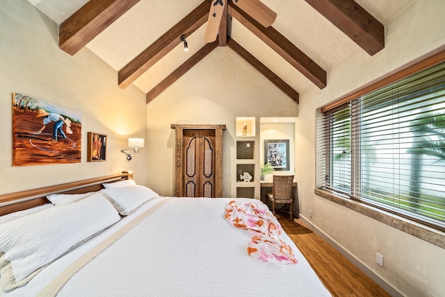 bedroom with dark hardwood / wood-style flooring, beamed ceiling, and high vaulted ceiling