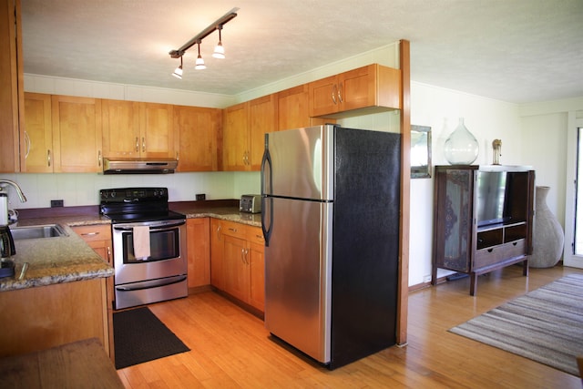 kitchen featuring sink, light hardwood / wood-style flooring, stainless steel appliances, and dark stone counters