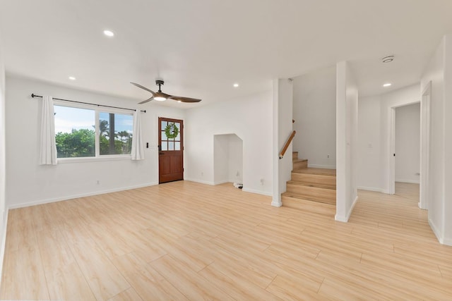 1395 Hiahia St, Wailuku, HI 96793 - unfurnished living room featuring recessed lighting, ceiling fan, stairway, light wood finished floors, and baseboards