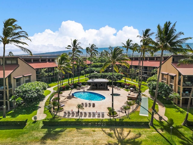 view of pool featuring a patio and a yard