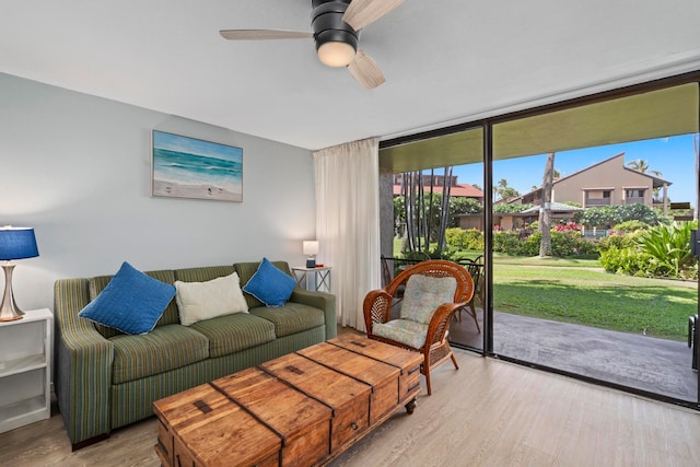 living room featuring ceiling fan and wood-type flooring