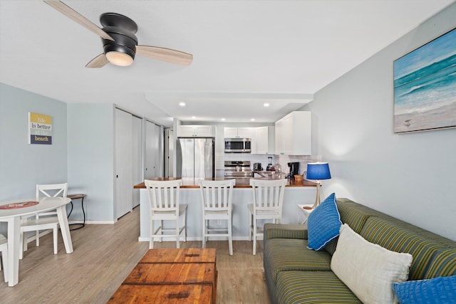 living room featuring light hardwood / wood-style floors and ceiling fan