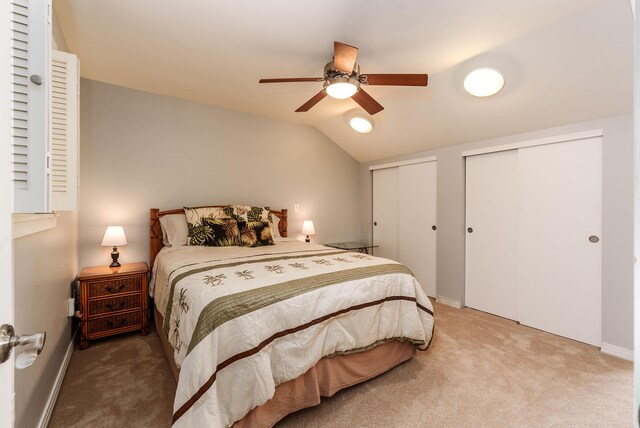 bedroom featuring light carpet and ceiling fan