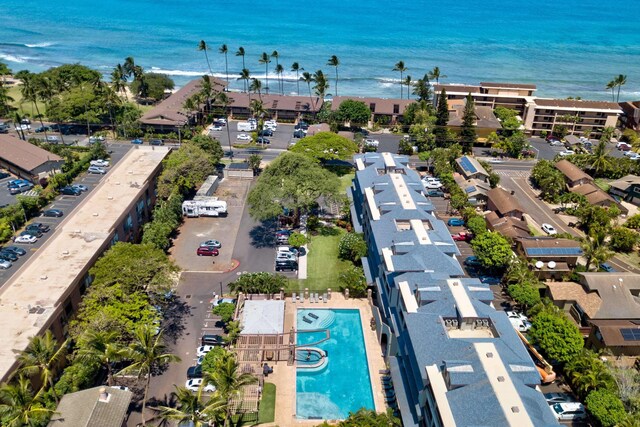 aerial view featuring a water and mountain view