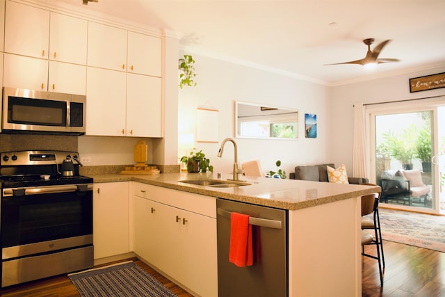 kitchen with a peninsula, dark wood-style flooring, stainless steel appliances, and a sink