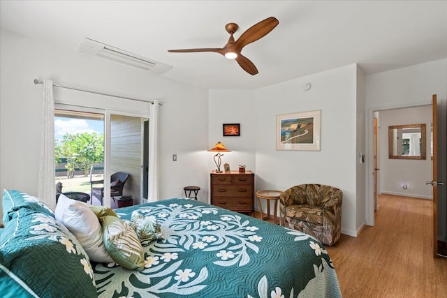 bedroom with ceiling fan, visible vents, access to exterior, baseboards, and light wood-style flooring