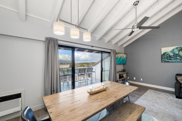 dining area with wooden ceiling, an AC wall unit, vaulted ceiling with beams, ceiling fan, and dark wood-type flooring