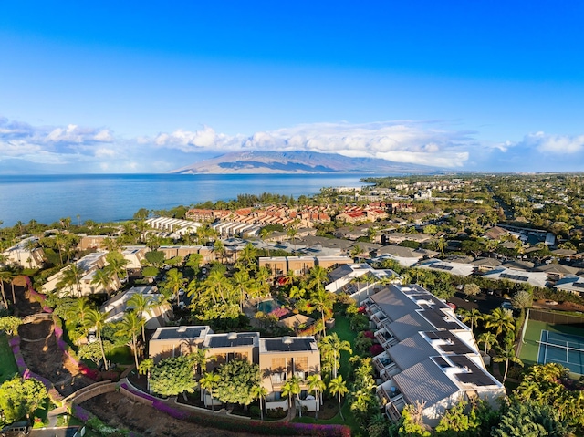 bird's eye view with a water and mountain view