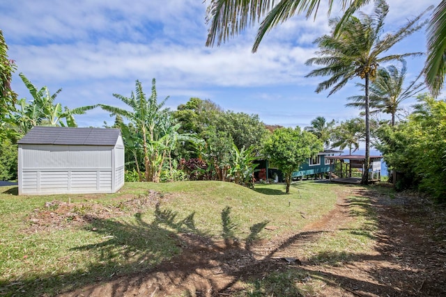 view of yard featuring a storage shed