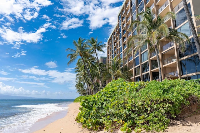 view of property with a water view and a view of the beach