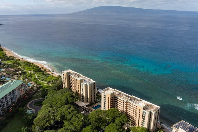 drone / aerial view with a water view