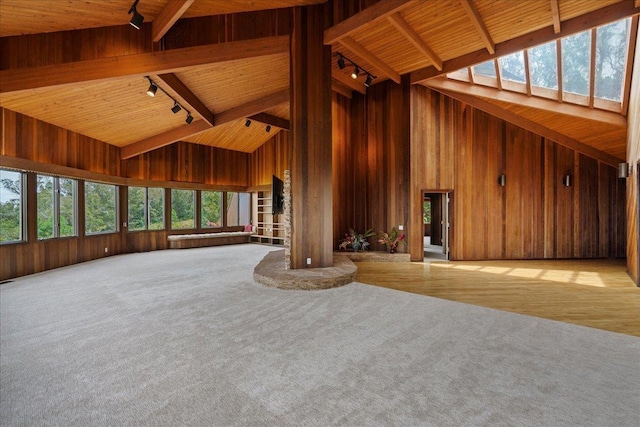 2450 Piiholo Rd, Makawao, HI 96768 - unfurnished living room with rail lighting, high vaulted ceiling, wood ceiling with exposed beams, healthy amount of natural light, and carpet floors
