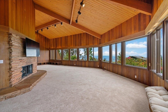 2450 Piiholo Rd, Makawao, HI 96768 - unfurnished sunroom featuring track lighting, wood walls, wooden ceiling with exposed beams, carpet, and high vaulted ceiling