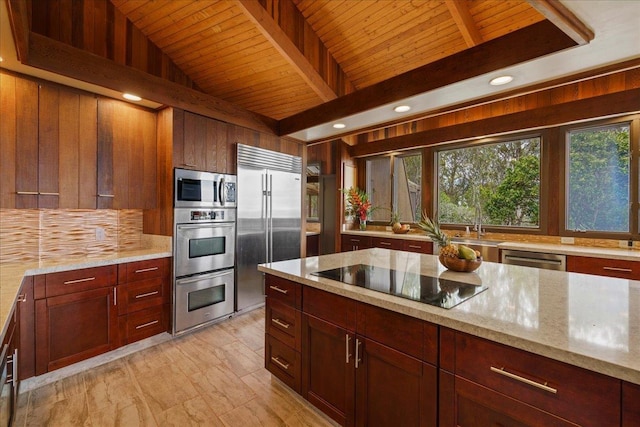 2450 Piiholo Rd, Makawao, HI 96768 - kitchen featuring stainless steel appliances, wood ceiling, light stone counters, decorative backsplash, and a sink