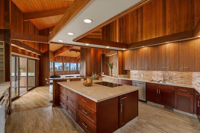 2450 Piiholo Rd, Makawao, HI 96768 - kitchen featuring dishwasher, a sink, wooden ceiling, light stone counters, and decorative backsplash
