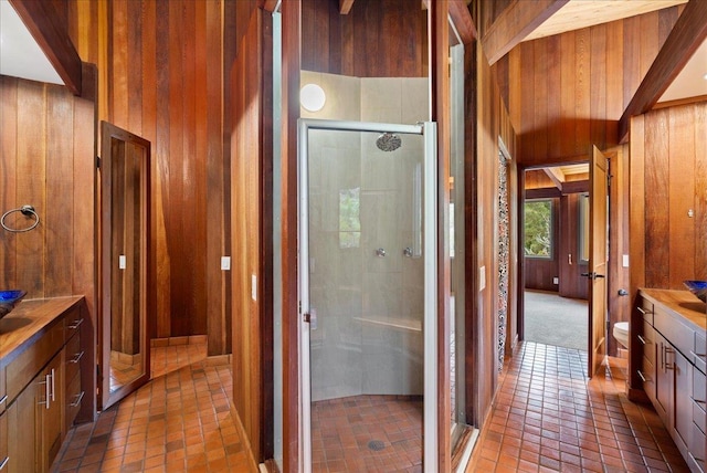 2450 Piiholo Rd, Makawao, HI 96768 - full bath with wooden walls, vanity, and a stall shower