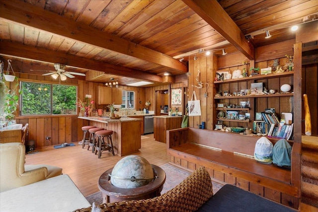 2450 Piiholo Rd, Makawao, HI 96768 - living room with light wood-style floors, wooden walls, wooden ceiling with exposed beams, and ceiling fan