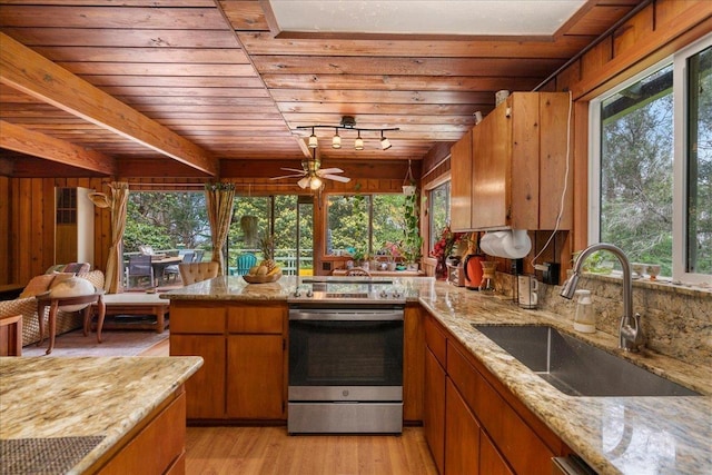 2450 Piiholo Rd, Makawao, HI 96768 - kitchen with electric stove, a sink, wood ceiling, brown cabinetry, and plenty of natural light