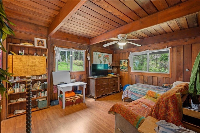 2450 Piiholo Rd, Makawao, HI 96768 - bedroom with wooden ceiling with exposed beams, wooden walls, and wood finished floors