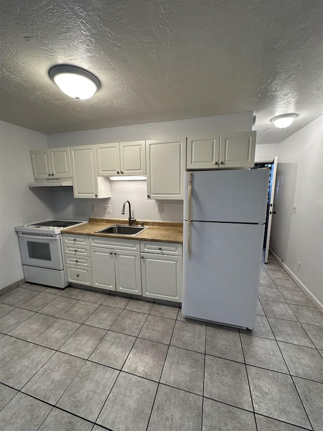 kitchen with a textured ceiling, white cabinetry, sink, and white appliances