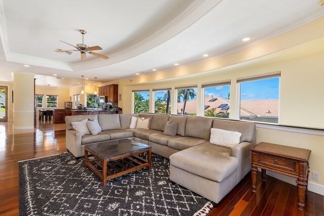 living room featuring ceiling fan, a wealth of natural light, hardwood / wood-style floors, and a tray ceiling