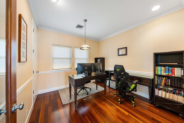 office area featuring dark wood-type flooring and ornamental molding