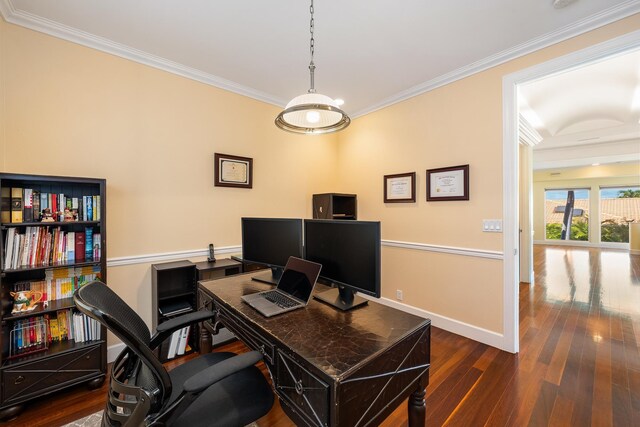 office area with crown molding and dark hardwood / wood-style flooring