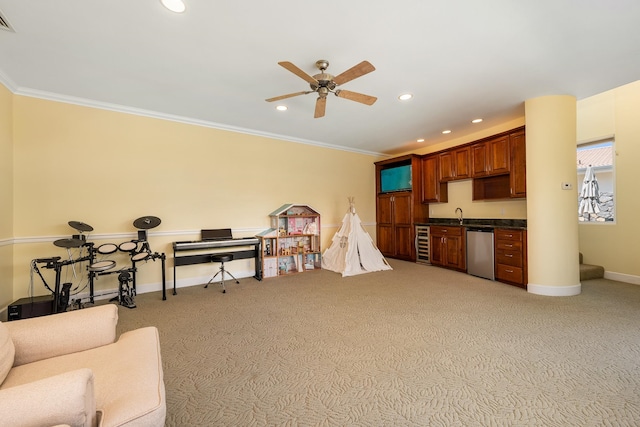 interior space with ceiling fan, wine cooler, light colored carpet, and dishwasher