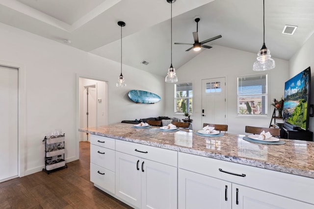 kitchen with vaulted ceiling, dark hardwood / wood-style floors, white cabinets, hanging light fixtures, and light stone counters