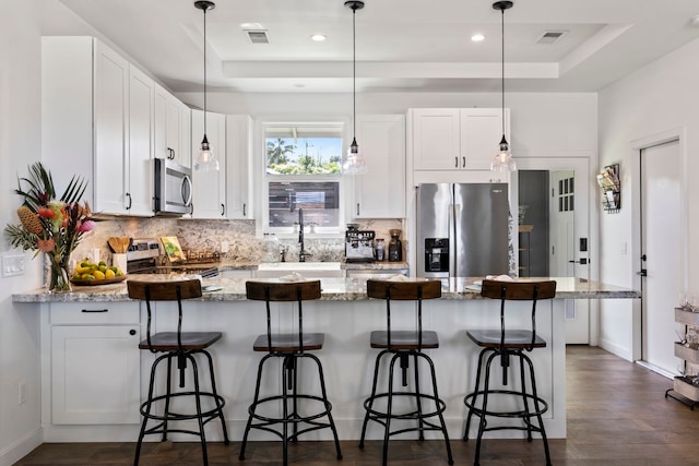 kitchen featuring appliances with stainless steel finishes, a raised ceiling, and white cabinets