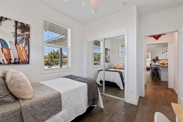 bedroom featuring dark hardwood / wood-style flooring, a closet, and ceiling fan