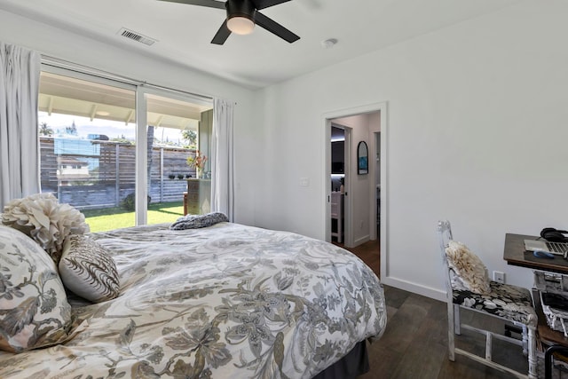 bedroom featuring ceiling fan, dark hardwood / wood-style floors, and access to exterior