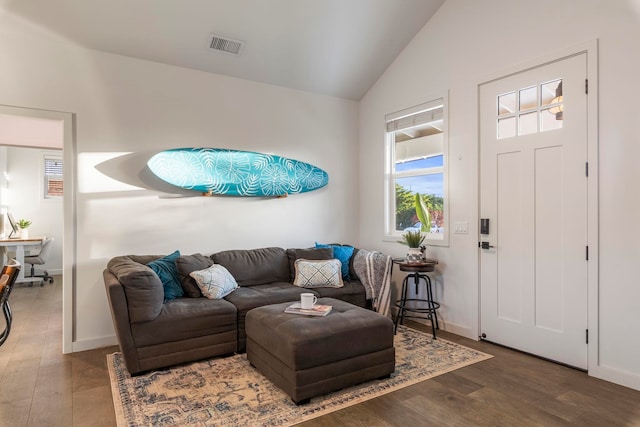 living room with hardwood / wood-style flooring and vaulted ceiling