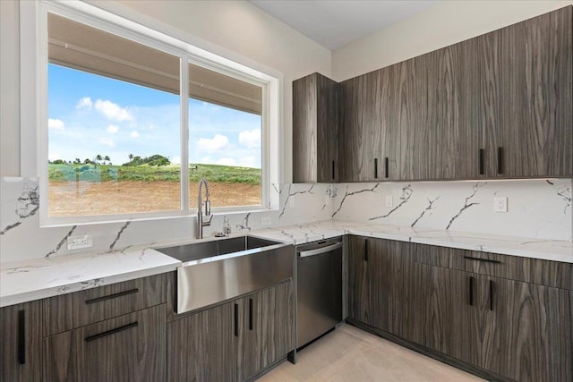 kitchen featuring tasteful backsplash, sink, light stone countertops, and dishwasher