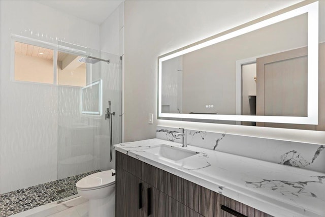 bathroom with walk in shower, vanity, and toilet