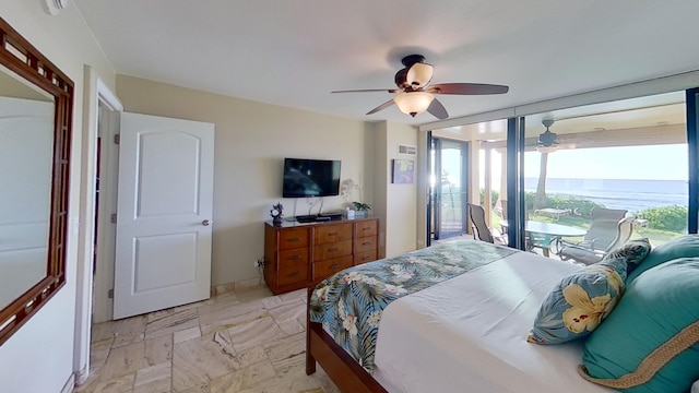 bedroom featuring access to exterior and ceiling fan