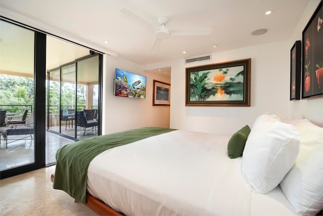 tiled bedroom with access to outside, floor to ceiling windows, and ceiling fan